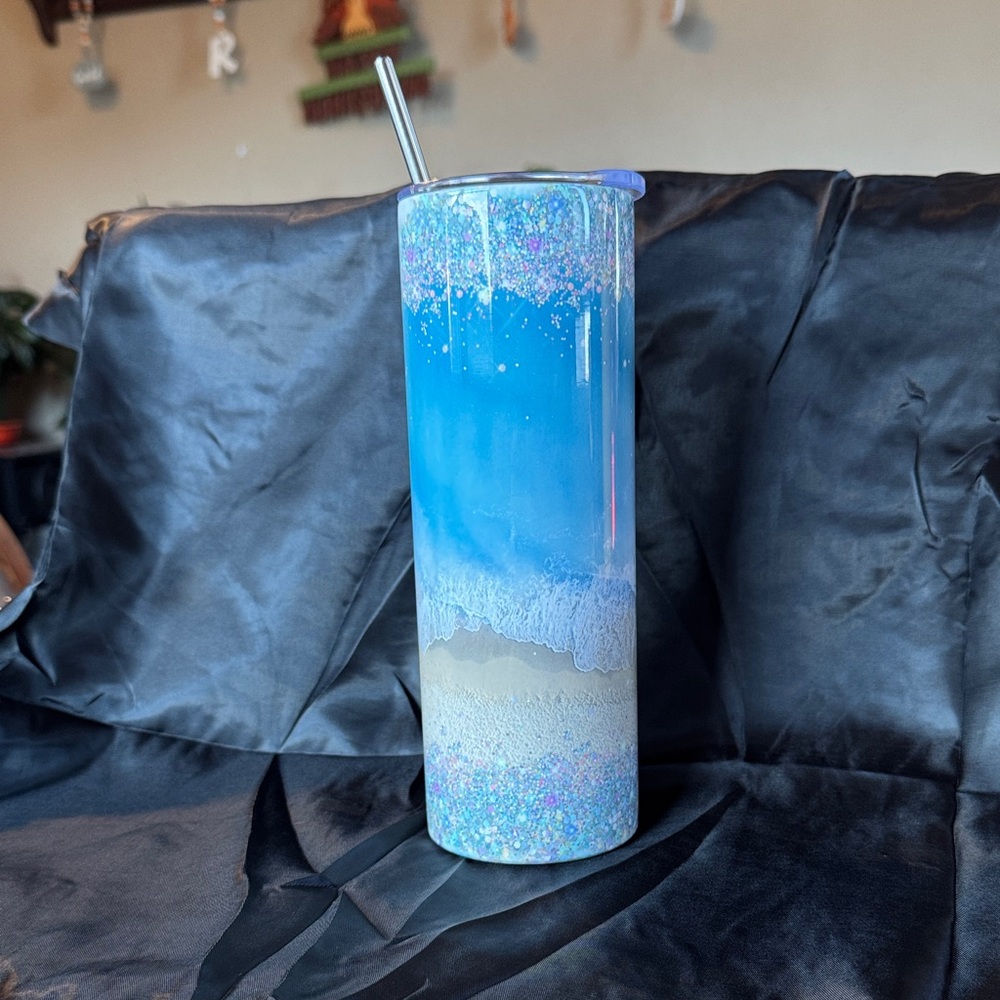 Blue and Tan Glitter Tumbler with Straw